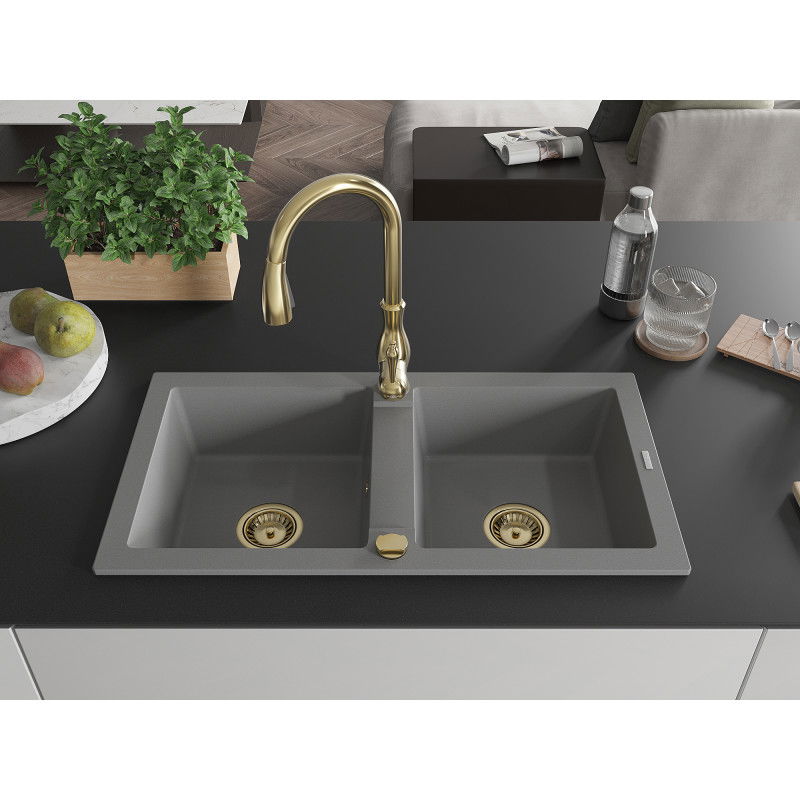Mexen Mario fregadero de granito de 2 senos con grifo de cocina Savita, gris - 6504-71-672601-50