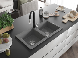 Mexen Mario granite sink 2-chamber with Savita kitchen tap, grey - 6504-71-672601-70