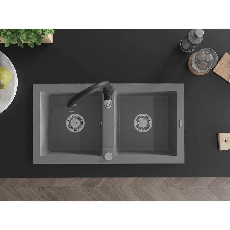 Mexen Mario fregadero de granito de 2 compartimentos con grifo de cocina Savita, gris - 6504-71-672601-70