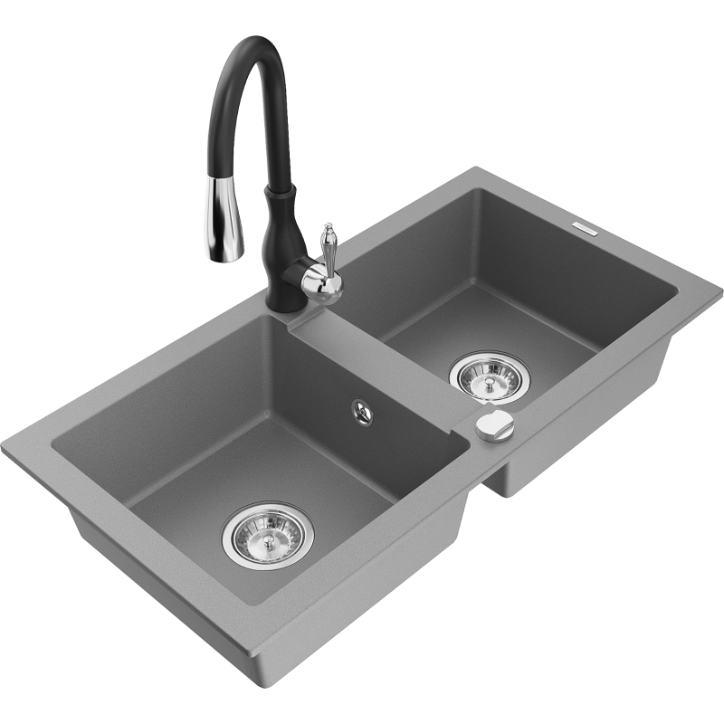 Mexen Mario fregadero de granito de 2 compartimentos con grifo de cocina Savita, gris - 6504-71-672601-70
