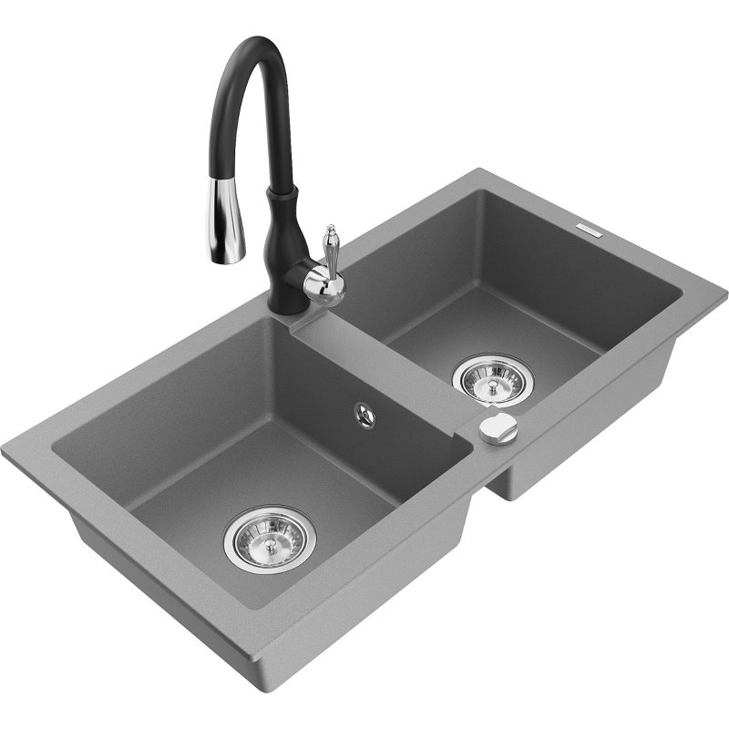 Mexen Mario lava-louças de granito de 2 cubas com torneira de cozinha Savita, cinzento - 6504-71-672601-70
