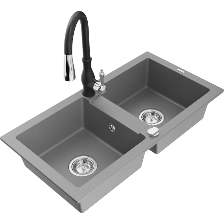 Mexen Mario fregadero de granito de 2 compartimentos con grifo de cocina Savita, gris - 6504-71-672601-70