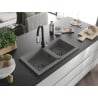 Mexen Mario granite kitchen sink with 2 bowls and Savita kitchen tap, grey - 6504-71-672601-70-B