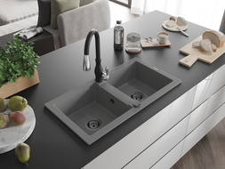 Mexen Mario lavello in granito a 2 vasche con rubinetto da cucina Savita, grigio - 6504-71-672601-70-B