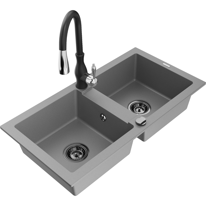 Mexen Mario granite kitchen sink with 2 bowls and Savita kitchen tap, grey - 6504-71-672601-70-B