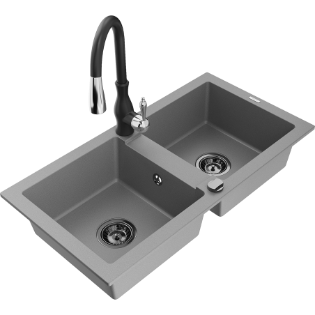Mexen Mario fregadero de granito de 2 compartimentos con grifo de cocina Savita, gris - 6504-71-672601-70-B