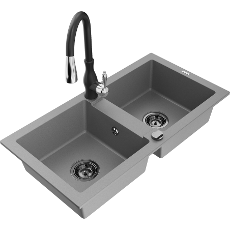 Mexen Mario granite kitchen sink with 2 bowls and Savita kitchen tap, grey - 6504-71-672601-70-B
