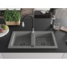Mexen Mario granite kitchen sink with 2 bowls and Savita kitchen tap, grey - 6504-71-672601-70-B