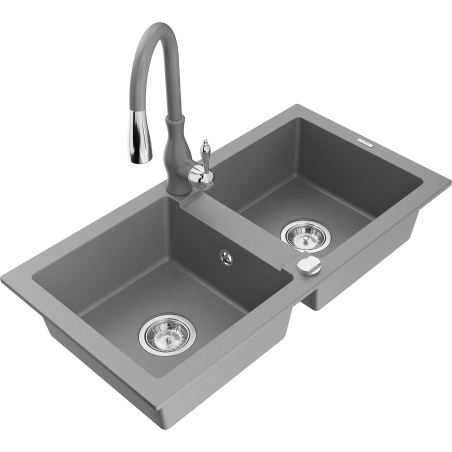 Mexen Mario fregadero de granito de 2 senos con grifo de cocina Savita, gris - 6504-71-672601-71