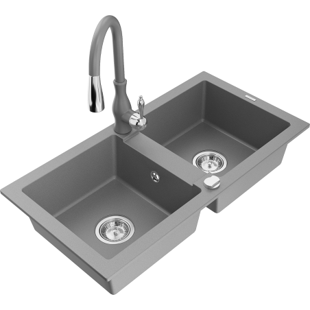 Mexen Mario granitdiskbänk med 2 fack och Savita köksblandare, grå - 6504-71-672601-71
