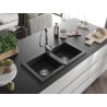 Mexen Mario granitische spoelbak met 2 compartimenten en Savita keukenkraan, zwart/zilver metallic - 6504-73-672601-00