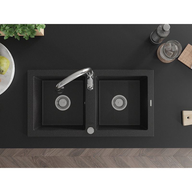 Mexen Mario fregadero de granito de 2 compartimentos con grifo de cocina Savita, negro/plata metálica - 6504-73-672601-00