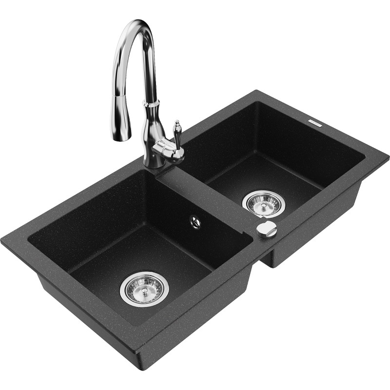 Mexen Mario granit wastafel 2-kamers met keukenkraan Savita, zwart/zilver metallic - 6504-73-672601-00