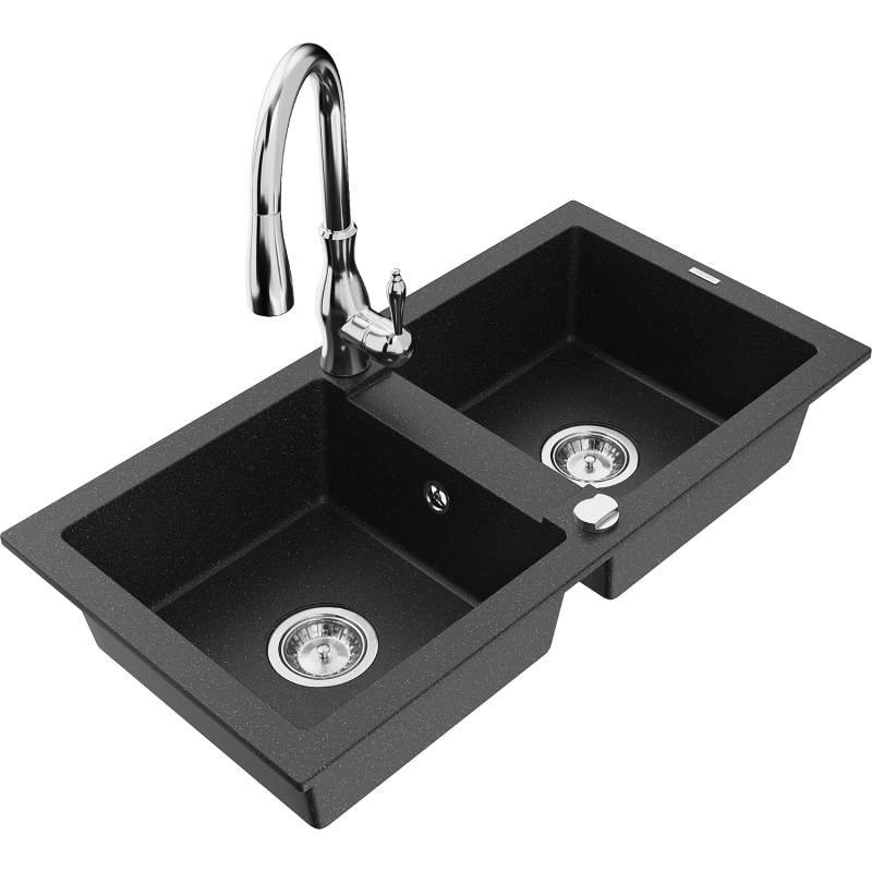 Mexen Mario lava-louça de granito de 2 cubas com misturadora de cozinha Savita, preto/prata metálico - 6504-73-672601-00