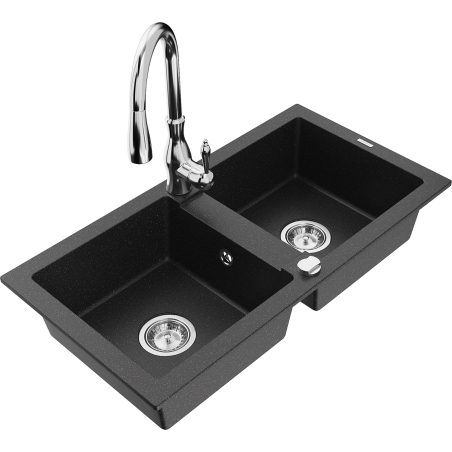 Mexen Mario granit wastafel 2-kamers met keukenkraan Savita, zwart/zilver metallic - 6504-73-672601-00