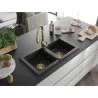 Mexen Mario granite double-bowl sink with Savita kitchen tap, black/silver metallic - 6504-73-672601-50