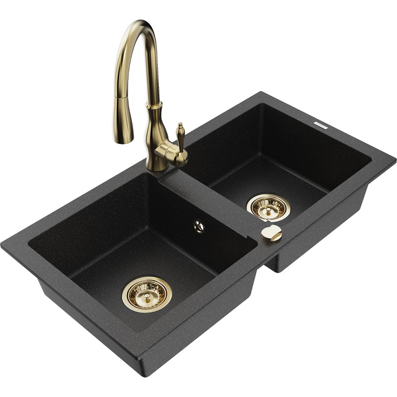 Mexen Mario fregadero de granito de 2 compartimentos con grifo de cocina Savita, negro/metálico plateado - 6504-73-672601-50