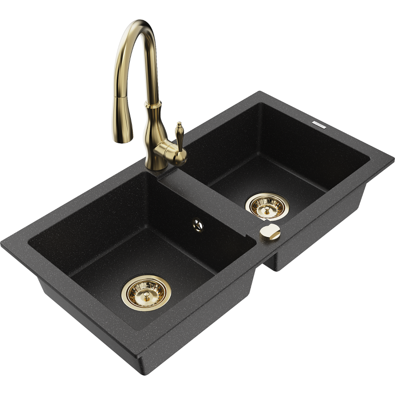 Mexen Mario Granitspülbecken 2-Kammer mit Küchenarmatur Savita, schwarz/silber metallic - 6504-73-672601-50