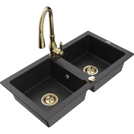 Mexen Mario granite double-bowl sink with Savita kitchen tap, black/silver metallic - 6504-73-672601-50