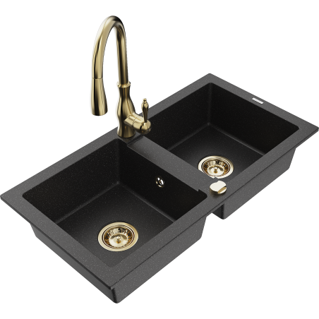 Mexen Mario Granitspülbecken 2-Kammer mit Küchenarmatur Savita, schwarz/silber metallic - 6504-73-672601-50