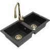 Mexen Mario granite double-bowl sink with Savita kitchen tap, black/silver metallic - 6504-73-672601-50