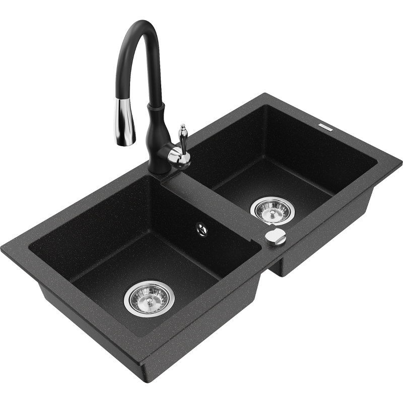 Mexen Mario fregadero de granito 2 cubetas con grifo de cocina Savita, negro/metálico plateado - 6504-73-672601-70
