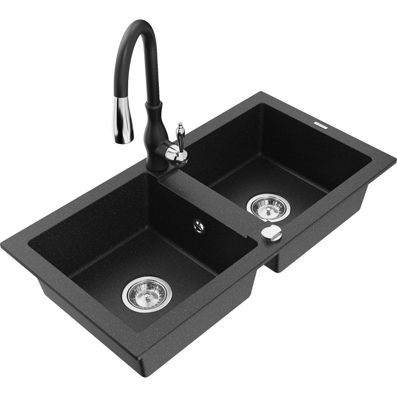 Mexen Mario granitspüle 2-becken mit küchenarmatur Savita, schwarz/silber metallic - 6504-73-672601-70