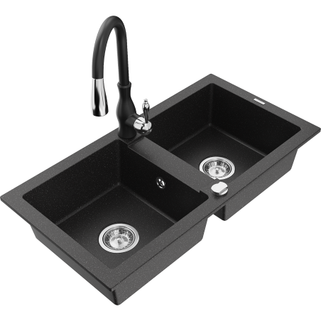 Mexen Mario fregadero de granito 2 cubetas con grifo de cocina Savita, negro/metálico plateado - 6504-73-672601-70