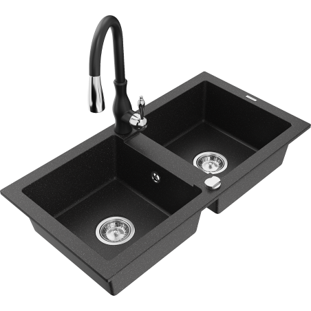 Mexen Mario granite 2-bowl sink with Savita kitchen tap, black/silver metallic - 6504-73-672601-70