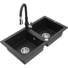Mexen Mario granite 2-bowl sink with Savita kitchen tap, black/silver metallic - 6504-73-672601-70