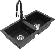 Mexen Mario granite 2-bowl sink with Savita kitchen tap, black/silver metallic - 6504-73-672601-70