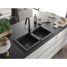 Mexen Mario granite kitchen sink, 2-bowl with Savita kitchen tap, black/silver metallic - 6504-73-672601-70-B