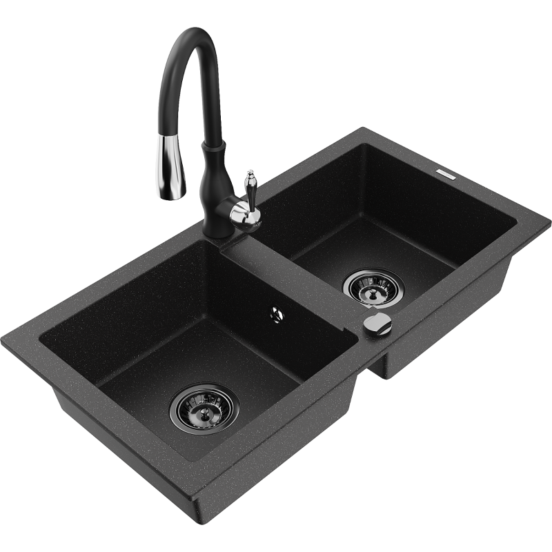 Mexen Mario fregadero de granito de 2 senos con grifo de cocina Savita, negro/metálico plateado - 6504-73-672601-70-B