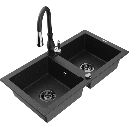 Mexen Mario fregadero de granito de 2 senos con grifo de cocina Savita, negro/metálico plateado - 6504-73-672601-70-B