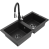 Mexen Mario granite kitchen sink, 2-bowl with Savita kitchen tap, black/silver metallic - 6504-73-672601-70-B