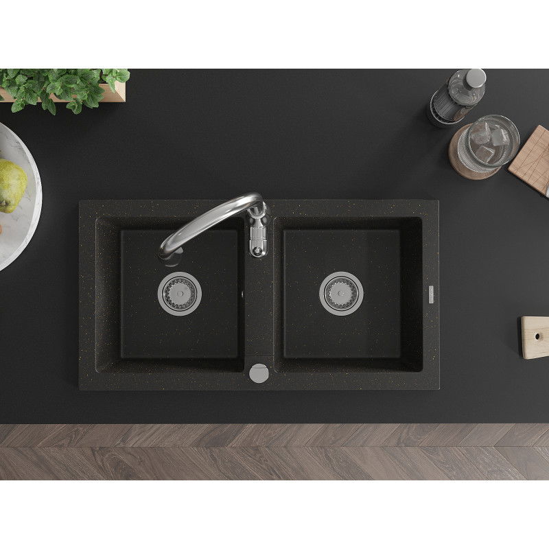 Mexen Mario fregadero de granito de 2 compartimentos con grifo de cocina Savita, negro/dorado metálico - 6504-75-672601-00