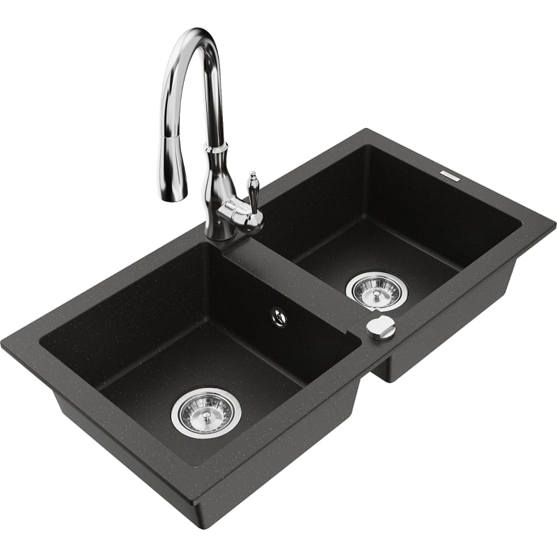 Mexen Mario granite double-bowl sink with Savita kitchen faucet, black/gold metallic - 6504-75-672601-00