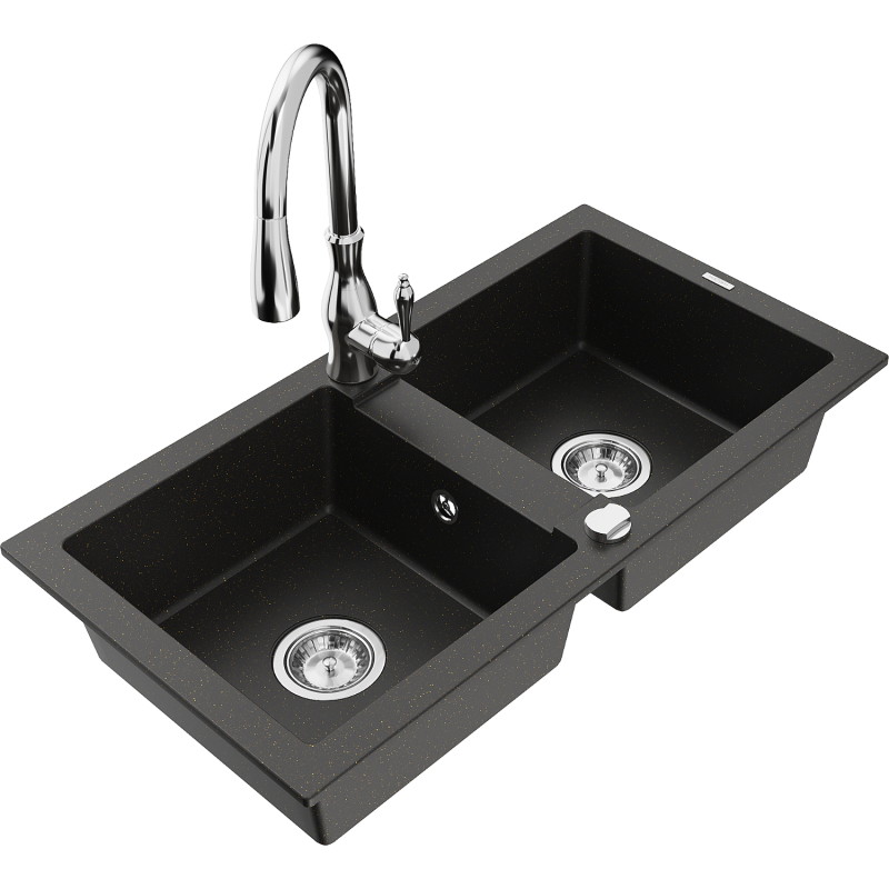 Mexen Mario granitspüle 2-fach mit küchenarmatur Savita, schwarz/gold metallic - 6504-75-672601-00