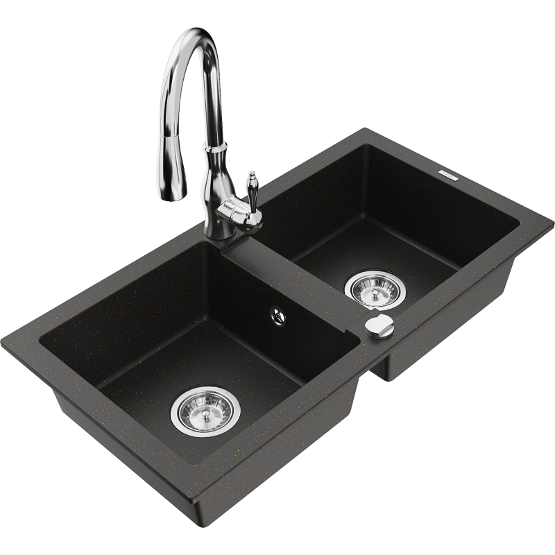 Mexen Mario lavello in granito a 2 vasche con rubinetto da cucina Savita, nero/oro metallico - 6504-75-672601-00