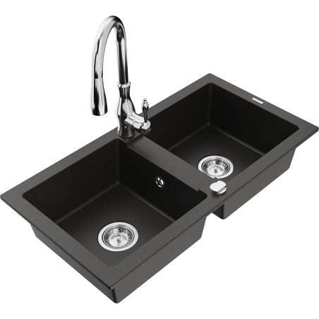 Mexen Mario granite double-bowl sink with Savita kitchen faucet, black/gold metallic - 6504-75-672601-00