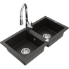 Mexen Mario granite double-bowl sink with Savita kitchen faucet, black/gold metallic - 6504-75-672601-00