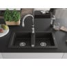 Mexen Mario granite double-bowl sink with Savita kitchen faucet, black/gold metallic - 6504-75-672601-00