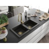 Mexen Mario fregadero de granito de 2 compartimentos con grifo de cocina Savita, negro/oro metálico - 6504-75-672601-50