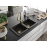 Mexen Mario granite double sink with Savita kitchen tap, black/gold metallic - 6504-75-672601-50