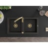 Mexen Mario granite double sink with Savita kitchen tap, black/gold metallic - 6504-75-672601-50