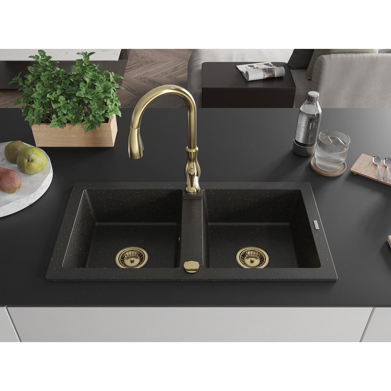 Mexen Mario granite double sink with Savita kitchen tap, black/gold metallic - 6504-75-672601-50