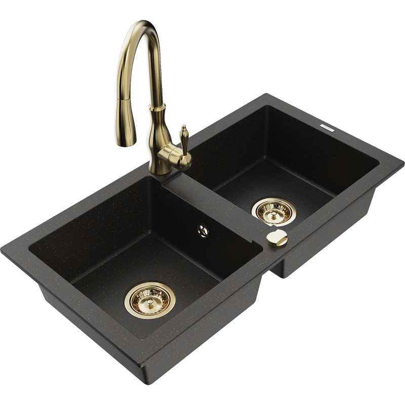 Mexen Mario fregadero de granito de 2 compartimentos con grifo de cocina Savita, negro/dorado metálico - 6504-75-672601-50