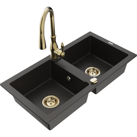 Mexen Mario granite double sink with Savita kitchen tap, black/gold metallic - 6504-75-672601-50