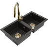 Mexen Mario 2-Kammer Granitspüle mit Küchenarmatur Savita, Schwarz/Gold-Metallic - 6504-75-672601-50