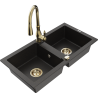 Mexen Mario granite double sink with Savita kitchen tap, black/gold metallic - 6504-75-672601-50
